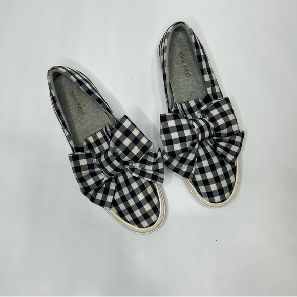 Nine West Shoes - Nine West Gingham Black and White Bow Slip-On Sneakers women’s size 9.5